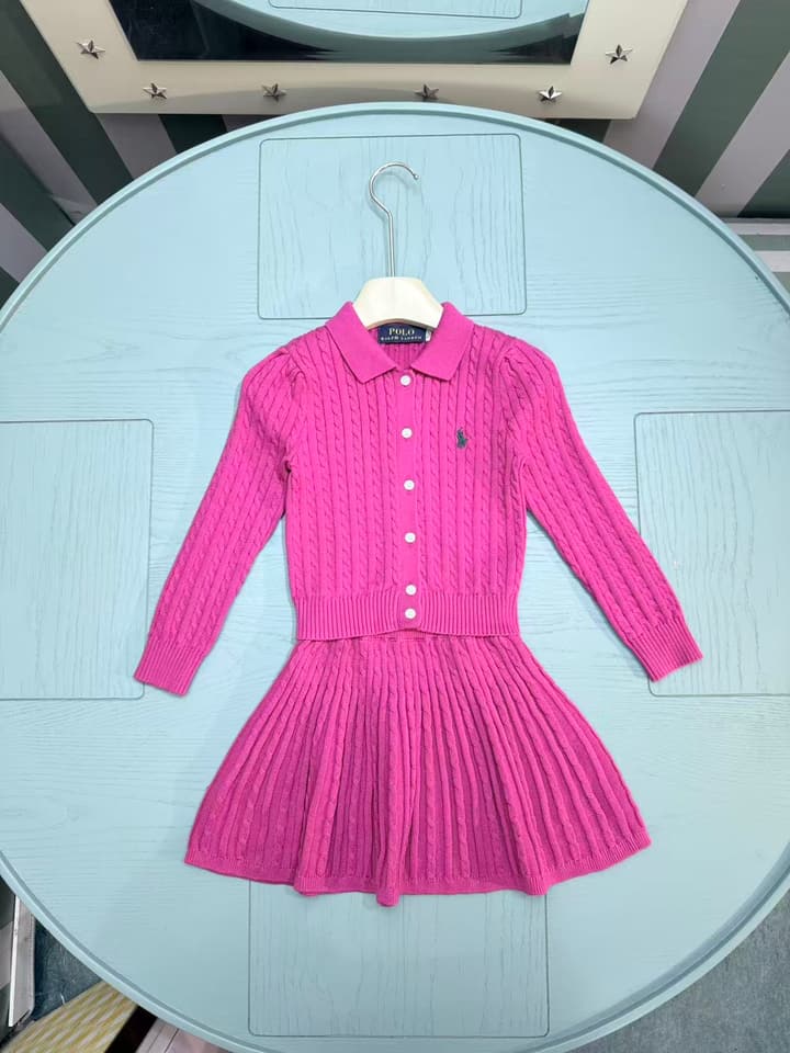 Ralph Lauren Girls' Knit Cardigan and Skirt Set – 2025SS in Fuchsia Pink Set