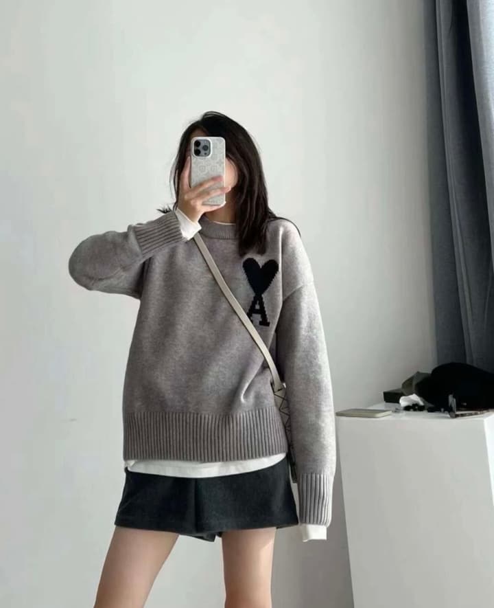 AMI Paris Heart Logo Knit Sweater in Light Gray With Black Heart