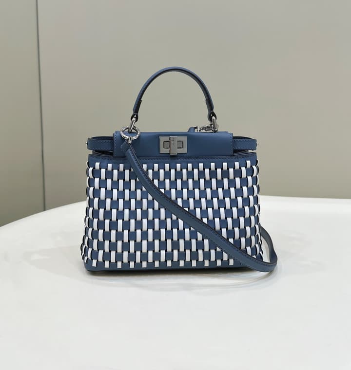 Fendi Iconic Peekaboo Small Woven Handbag in Navy Blue Woven Lattice