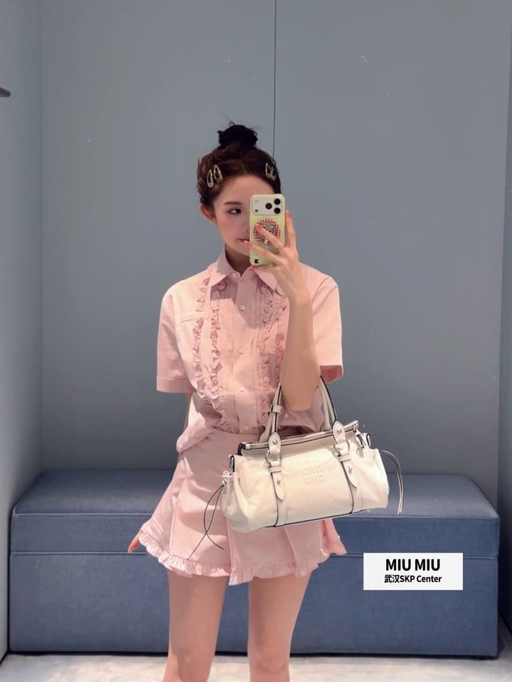 Miu Miu Embroidered Ruffle Shirt and Pleated Skort Set in Pink