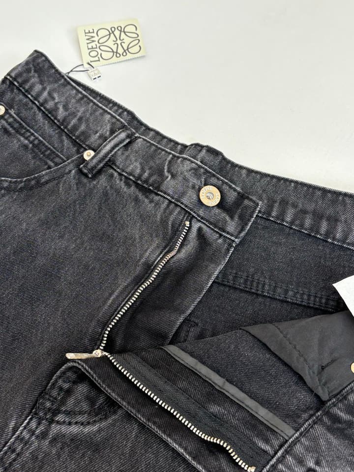 Loewe Anagram Embroidered Washed Distressed Jeans in Washed Black