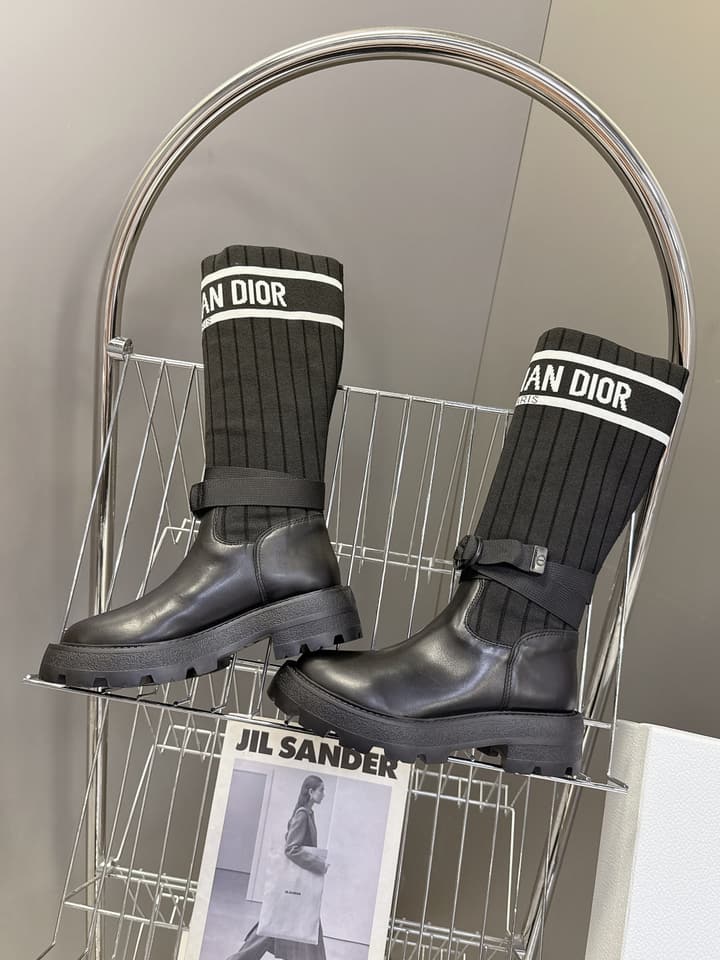 Dior Autumn/Winter Knight Knee-High Boots in Black Knit Sock Boot