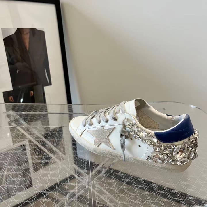 Golden Goose Superstar Diamond Tail Sneakers – 2023 Autumn/Winter in Distressed White With Royal Blue Rhinestone Heel