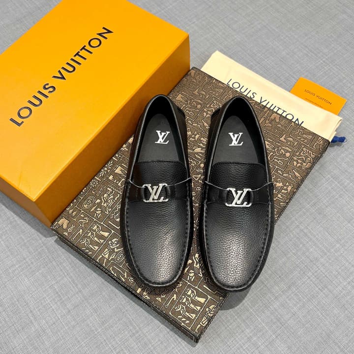 Louis Vuitton Men's Grained Leather Driving Shoes in Dark Gunmetal Hardware