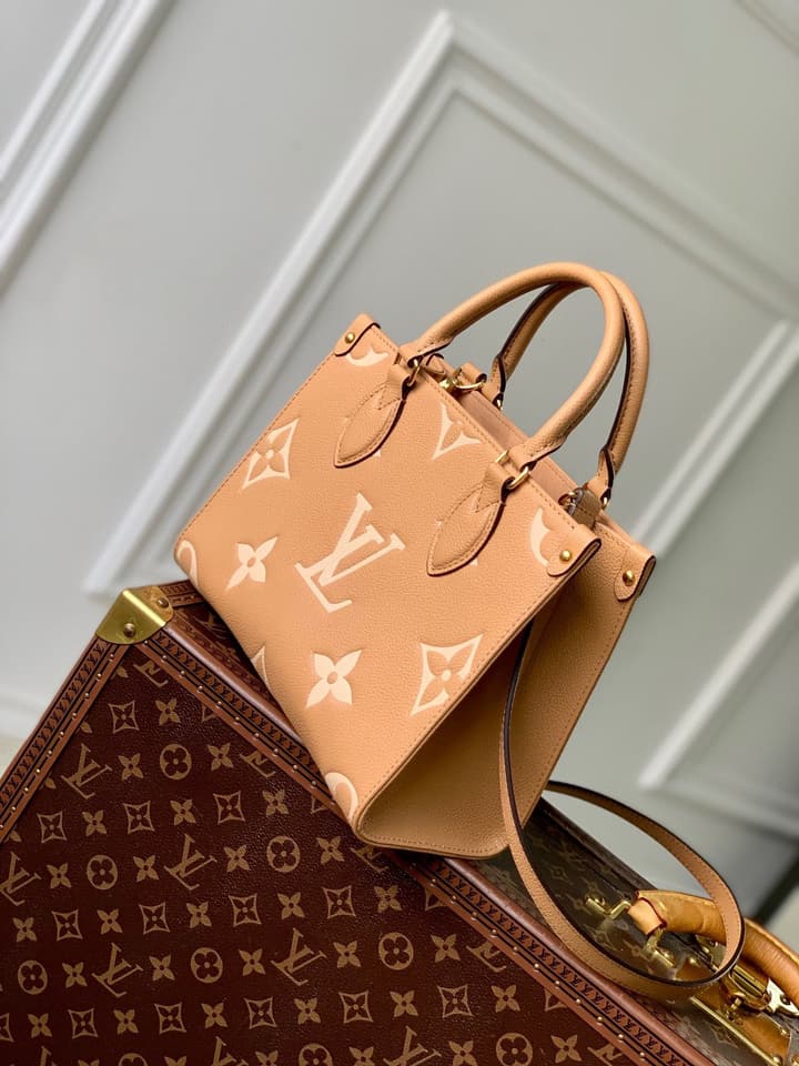 Louis Vuitton OnTheGo Small Tote Bag in Light Tan Embossed Monogram