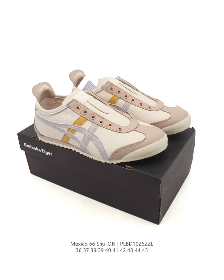Onitsuka Tiger Mexico 66 Slip-On Canvas Sneakers in Cream Canvas With Gold Stripes