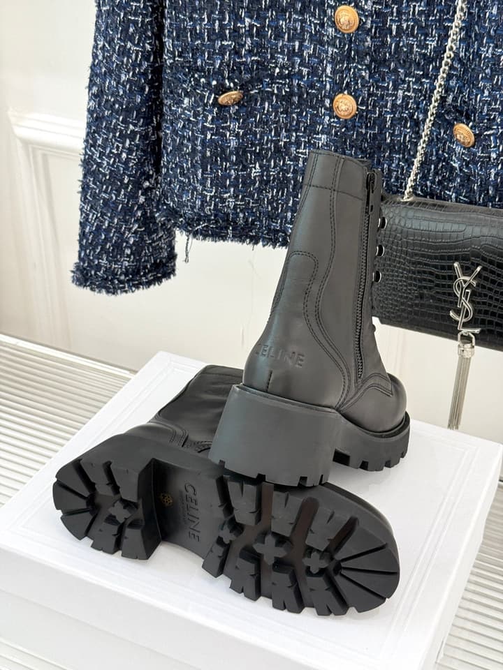 Celine Classic Triomphe Platform Martin Boots in Black Leather