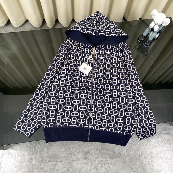Hermès Classic Jacquard Cashmere Hooded Cardigan in Dark Jacquard Pattern