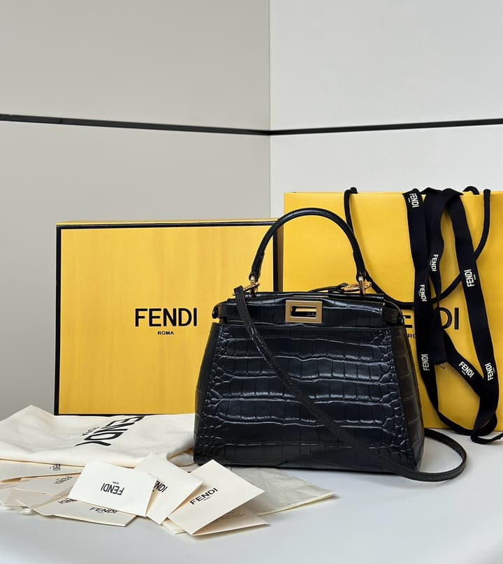 Fendi Peekaboo Embossed Crocodile Handbag in Classic Black Croc Embossed