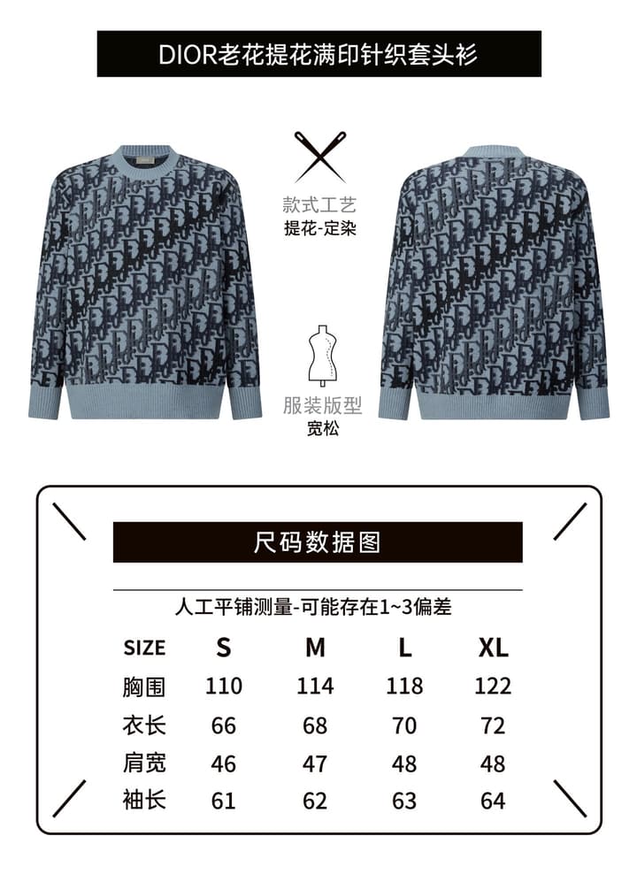 Dior Oblique Jacquard Wool Crewneck Sweater – 2026SS in Navy Oblique With Light Blue Trim