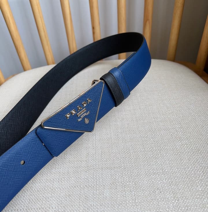 Prada Triangle Logo Buckle Belt in Black Textured Leather With Black Buckle