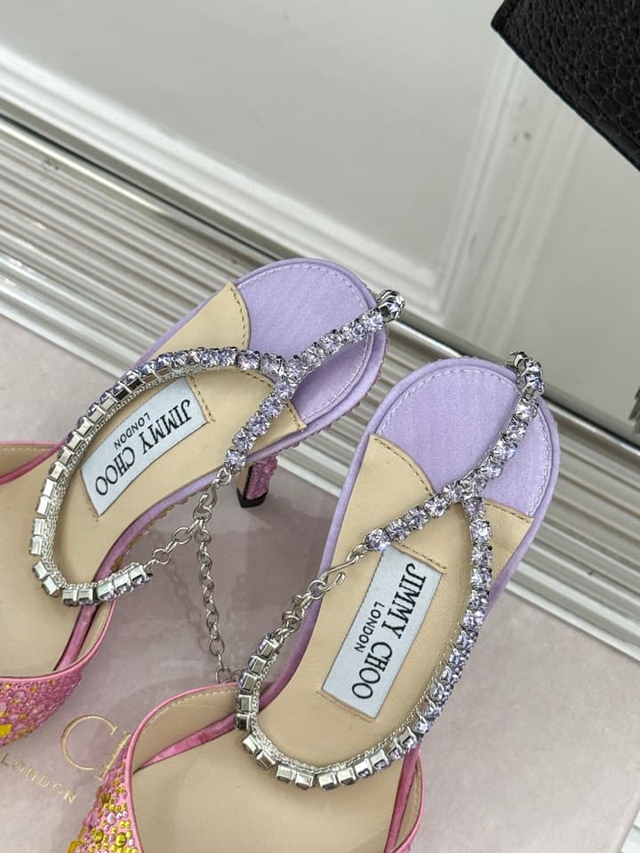 Jimmy Choo Classic Crystal Pointed High-Heeled Sandals in Lavender Yellow Ombre
