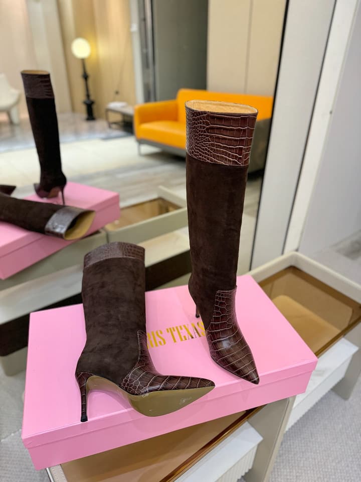 Paris Texas Crocodile Embossed Stiletto Knee-High Boots in Black Suede And Leather