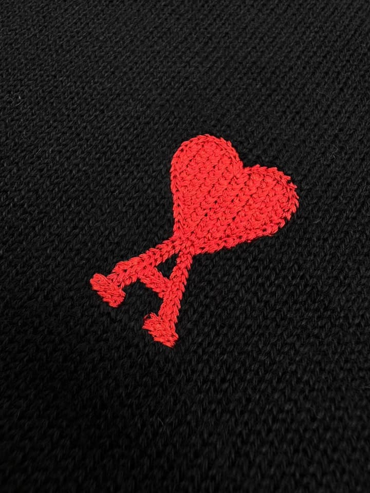 Ami Paris Heart Embroidery Merino Wool Sweater in Black With Red Heart Logo