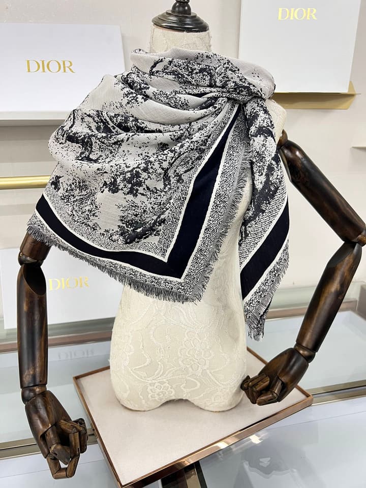 Dior Limited Edition Grey Shawl in Beige Blue Toile