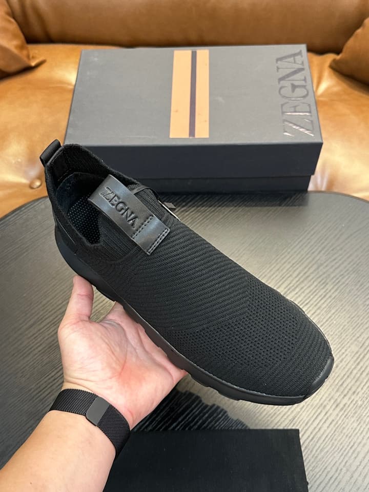 Zegna Techmerino Slip-On Sneakers in Dark Navy With Green Accent