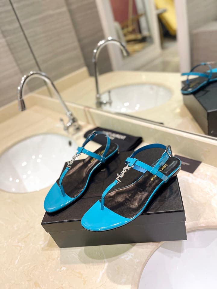 Saint Laurent Beautiful Siren Flat Sandals in Bright Blue
