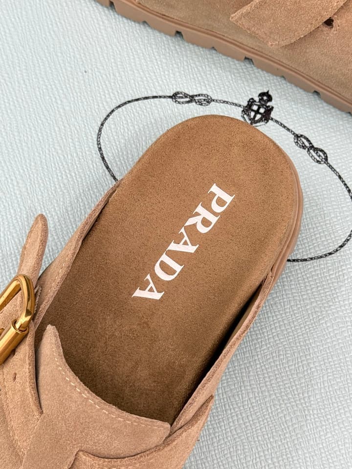 Prada Triangle Logo Birkenstock Slippers – Spring/Summer Collection in Black Suede