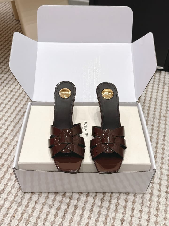 Saint Laurent Melody Square-Toe Heeled Sandals – 2026 Spring/Summer Collection in Beige Patent
