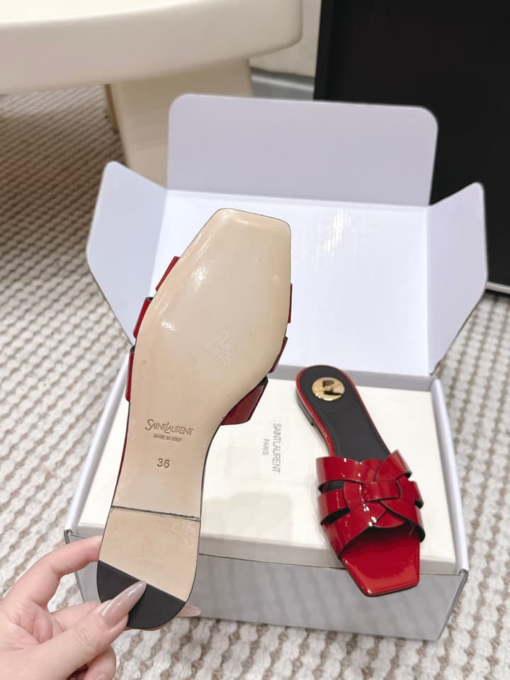 Saint Laurent Melody Square Toe Flat Sandals – 2026SS in Burgundy Patent