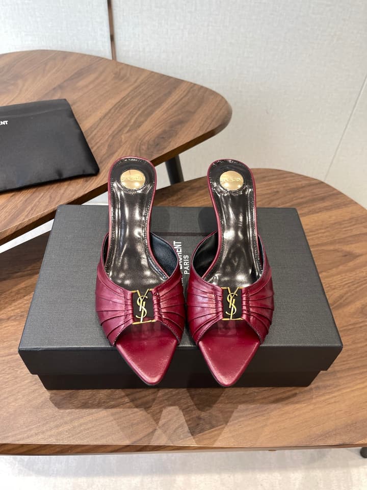 Saint Laurent Pointed Toe Stiletto Heeled Sandals – 26SS in Black - Gold Logo Plaque
