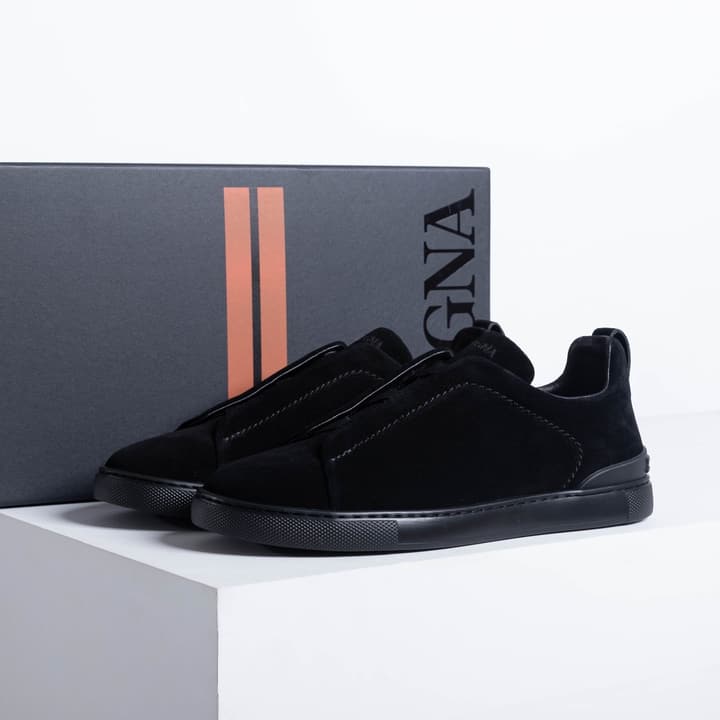 Zegna SECONDSKIN Triple Stitch Low-Top Sneakers in Navy Smooth Leather
