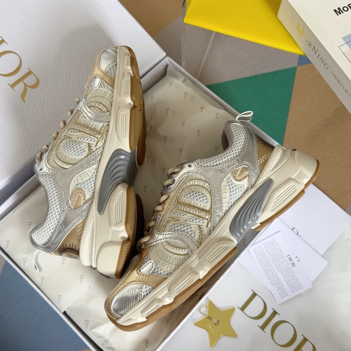 Dior Chrono Mesh and Leather Sneakers – 2024 Fall Collection in Brown And Gold