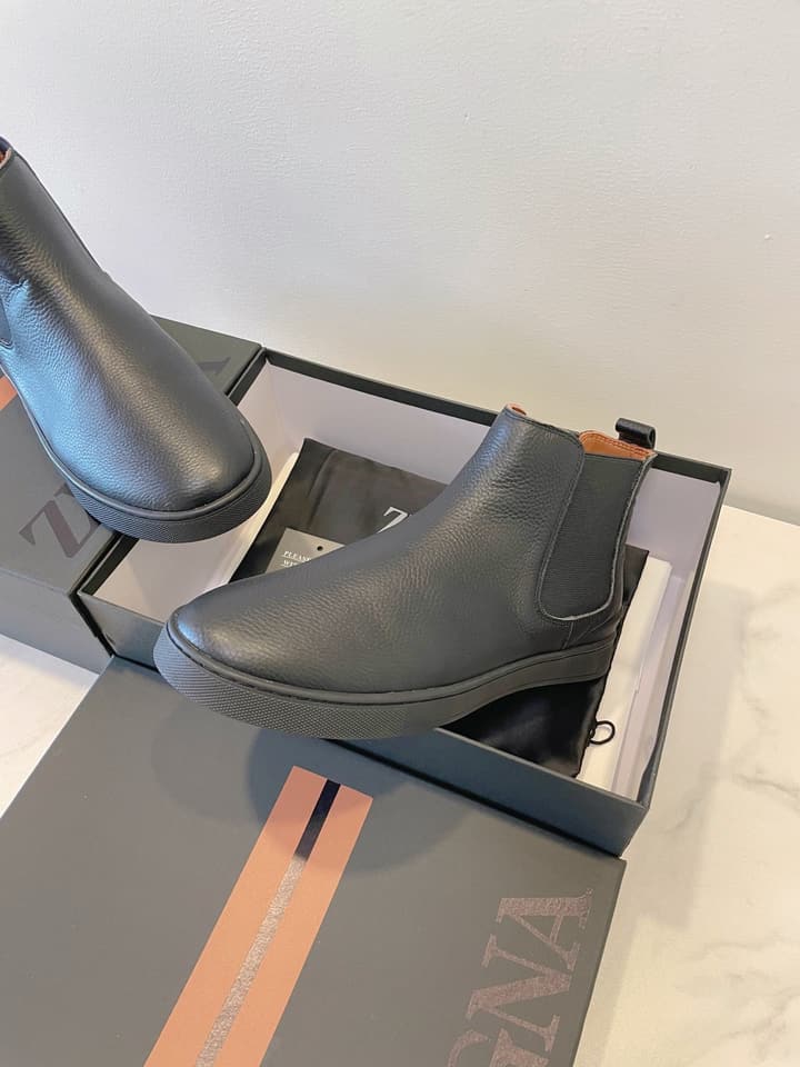 Zegna COUTURE Triple Stitch Leather Sneakers in Black Suede With Dark Sole