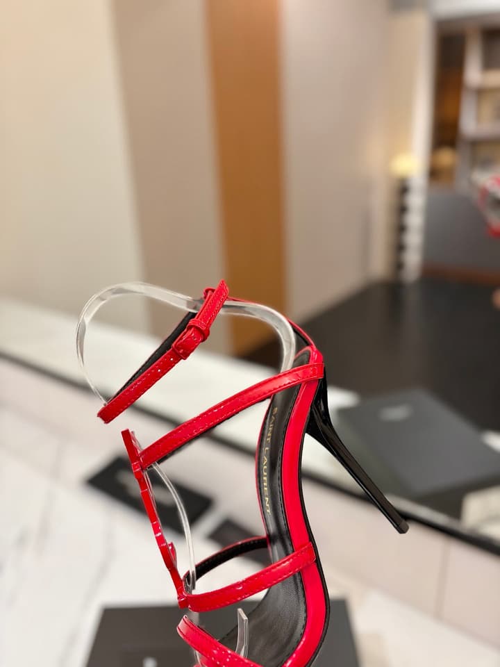 Saint Laurent YSL Logo Mirror Leather Heeled Sandals in Black With Black Logo