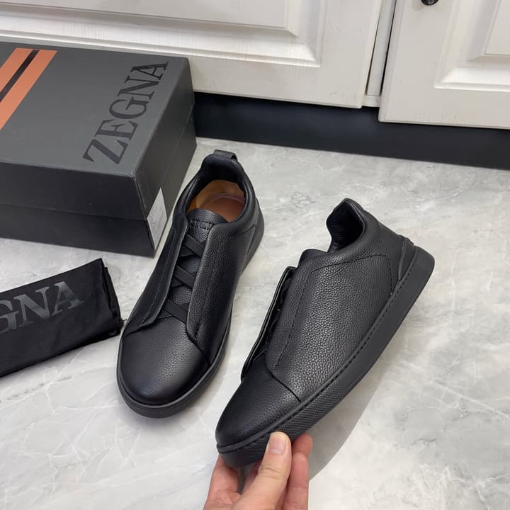 Zegna Triple Stitch Low-Top Sneakers in Navy Blue