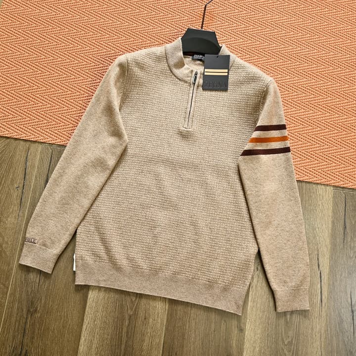 Zegna Men's Half-Zip Stand-Collar Sweater – 25FW in Camel Taupe