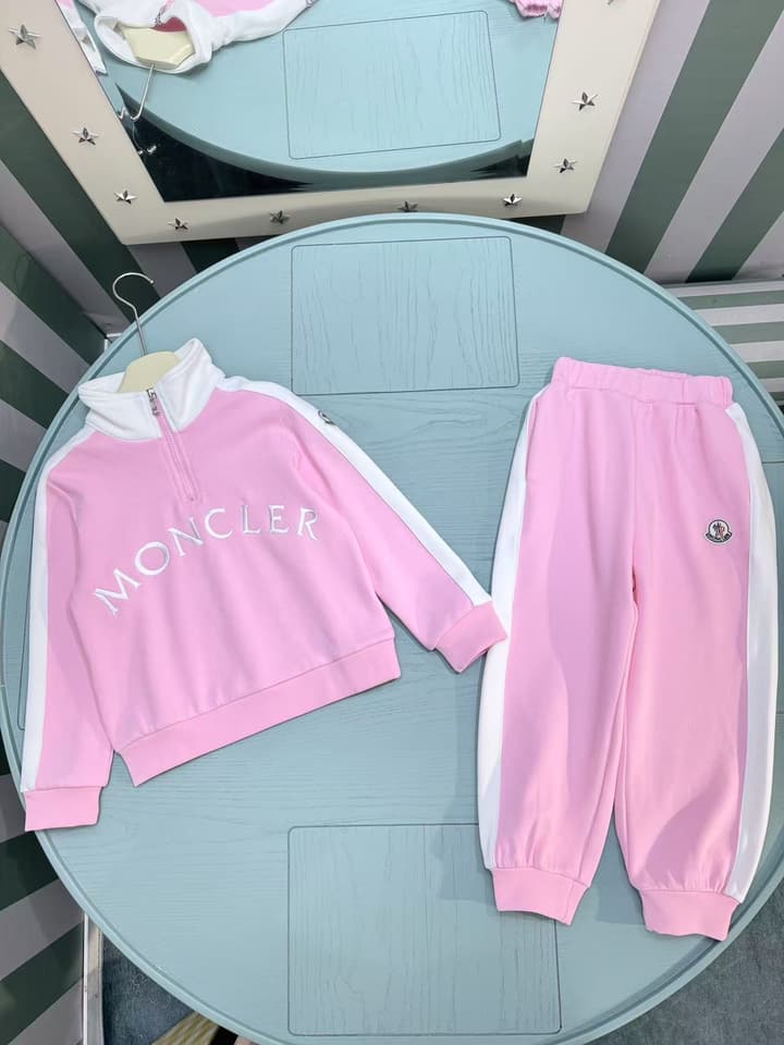 Moncler Kids Stand Collar Embroidered Tracksuit Set – 2025SS – Kids Collection in Light Pink With White Stripes