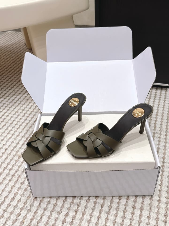 Saint Laurent Melody Square-Toe Heeled Sandals – 2026 Spring/Summer Collection in Beige Patent