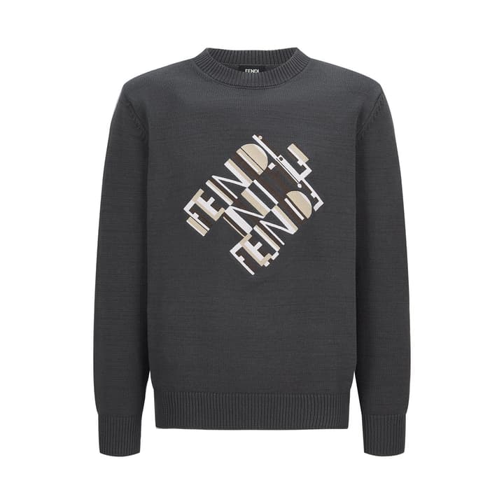 Fendi Embroidered Logo Knit Pullover in Charcoal Grey With Fendi Logo