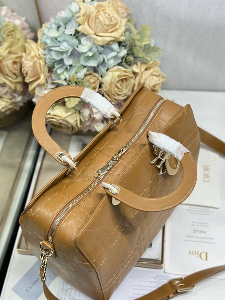 Dior Lady Dior Large Tote Bag in Dark Cognac With Gold Hardware
