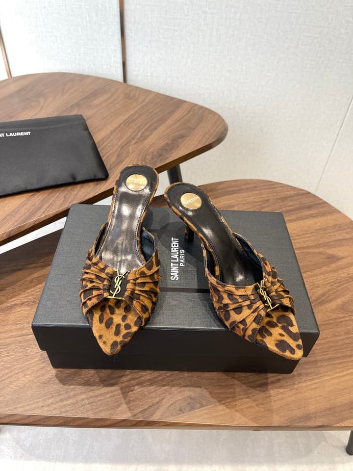 Saint Laurent Pointed Toe Stiletto Heeled Sandals – 26SS in Black - Gold Logo Plaque