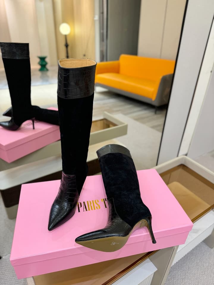 Paris Texas Crocodile Embossed Stiletto Knee-High Boots in Black Suede And Leather