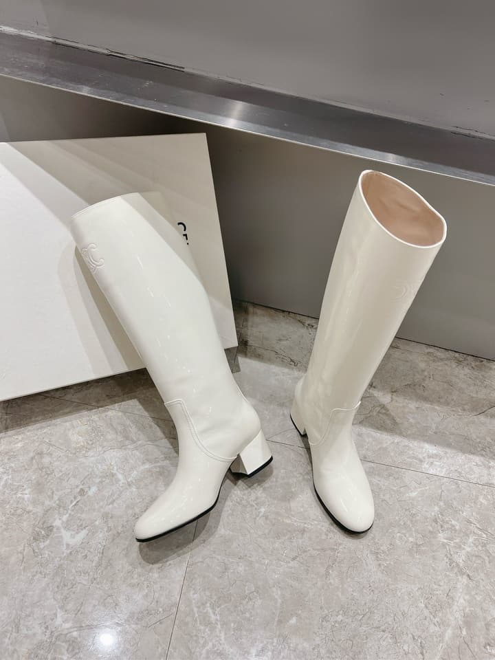 Celine Retro Chunky Heel Knee-High Boots – 24FW in Cream White