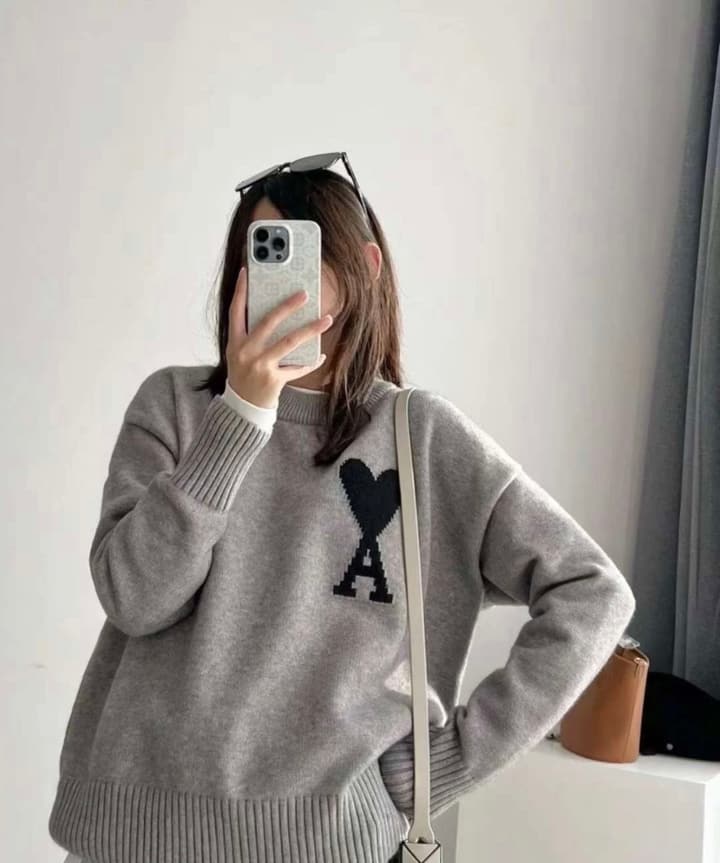 AMI Paris Heart Logo Knit Sweater in Light Gray With Black Heart