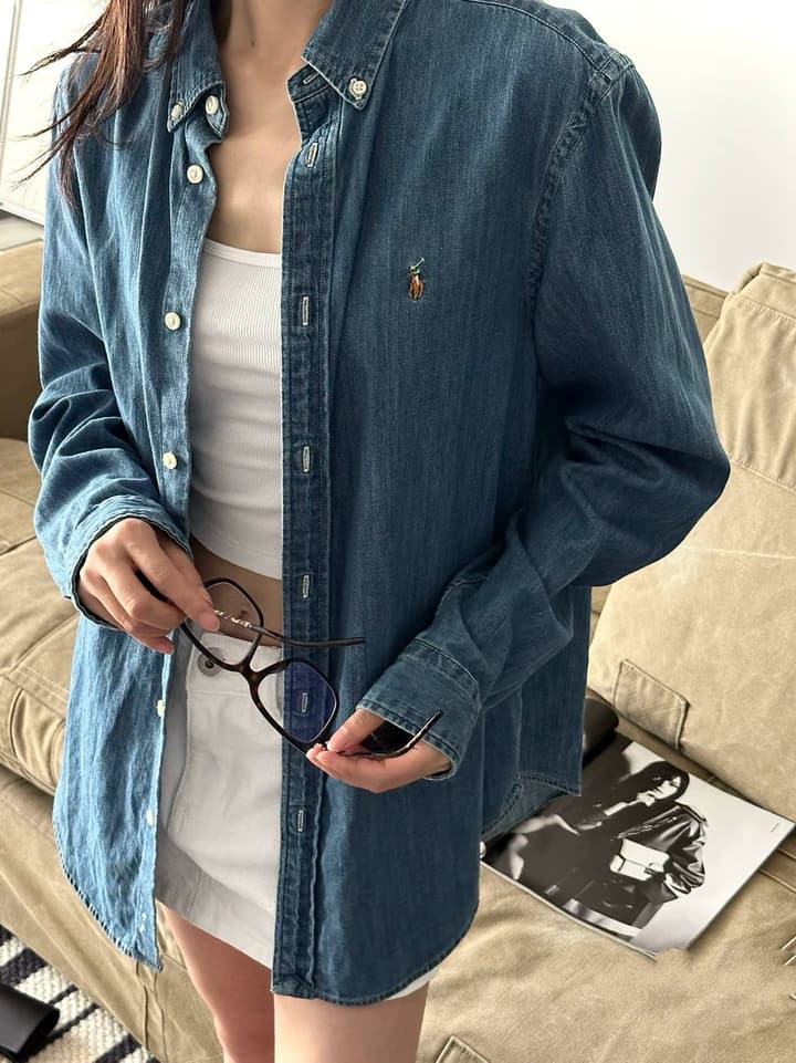 Ralph Lauren Washed Denim Shirt with Embroidered Logo in Dark Wash Denim Flat Lay