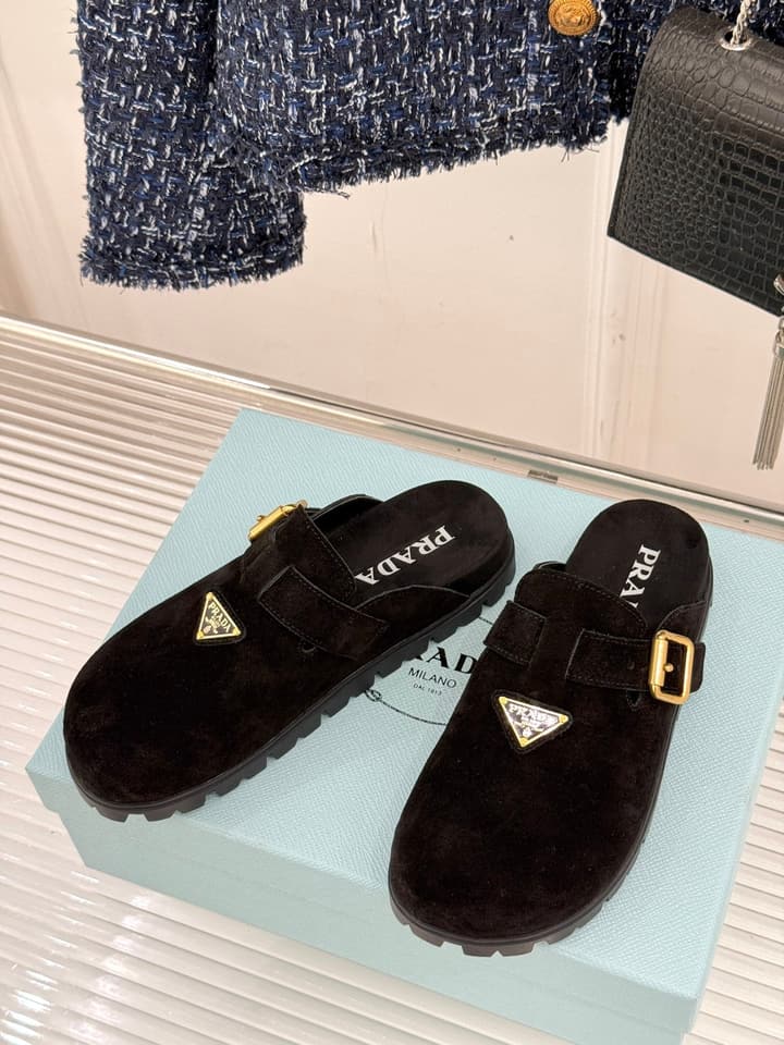 Prada Triangle Logo Birkenstock Slippers – Spring/Summer Collection in Black Suede