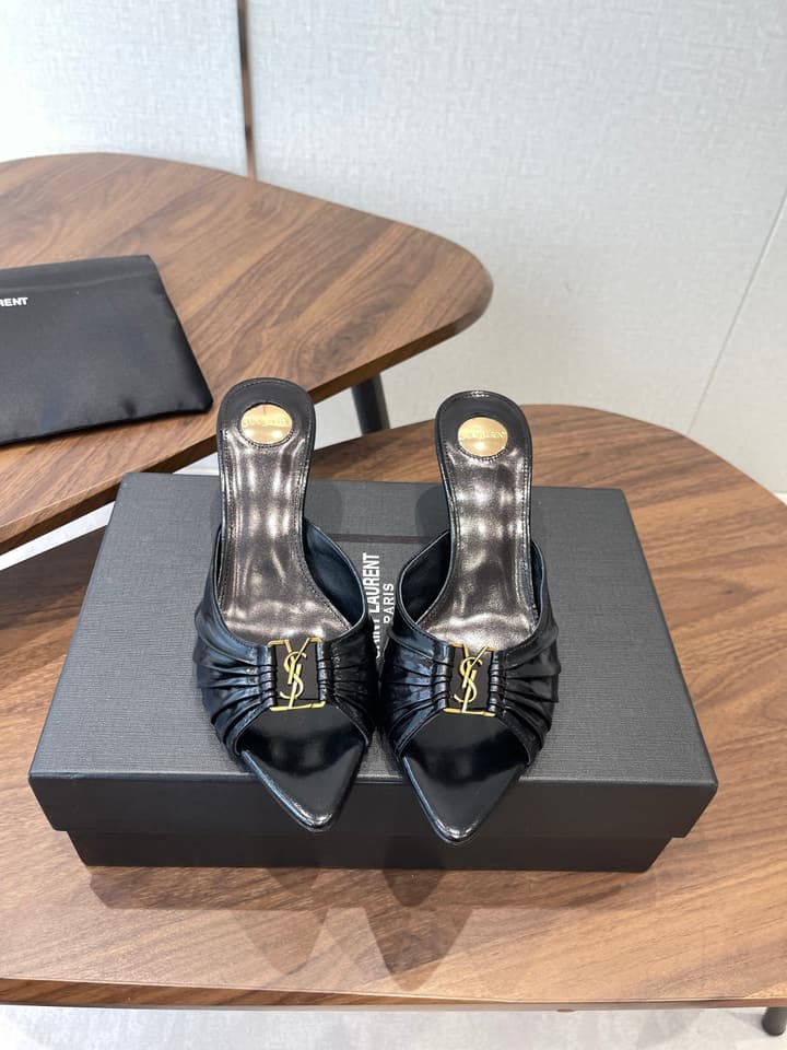 Saint Laurent Pointed Toe Stiletto Heeled Sandals – 26SS in Black - Gold Logo Plaque
