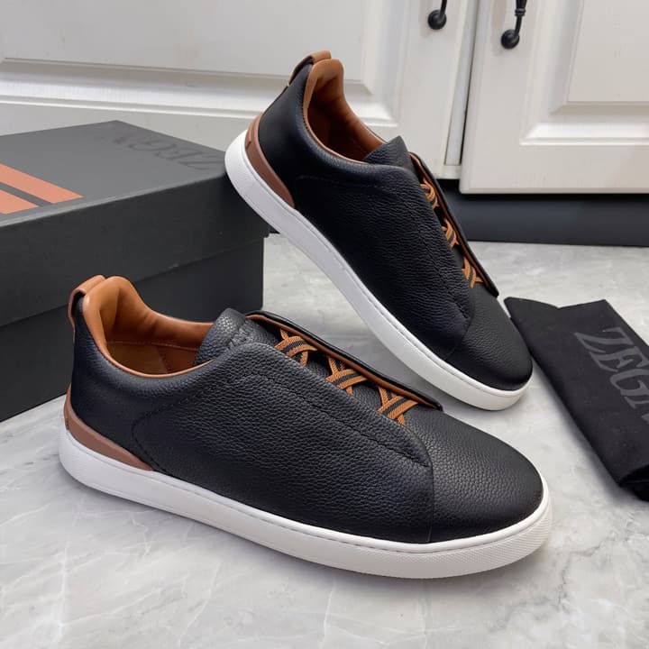 Zegna Triple Stitch Low-Top Sneakers in Navy Blue