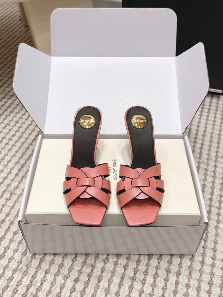 Saint Laurent Melody Square-Toe Heeled Sandals – 2026 Spring/Summer Collection in Beige Patent