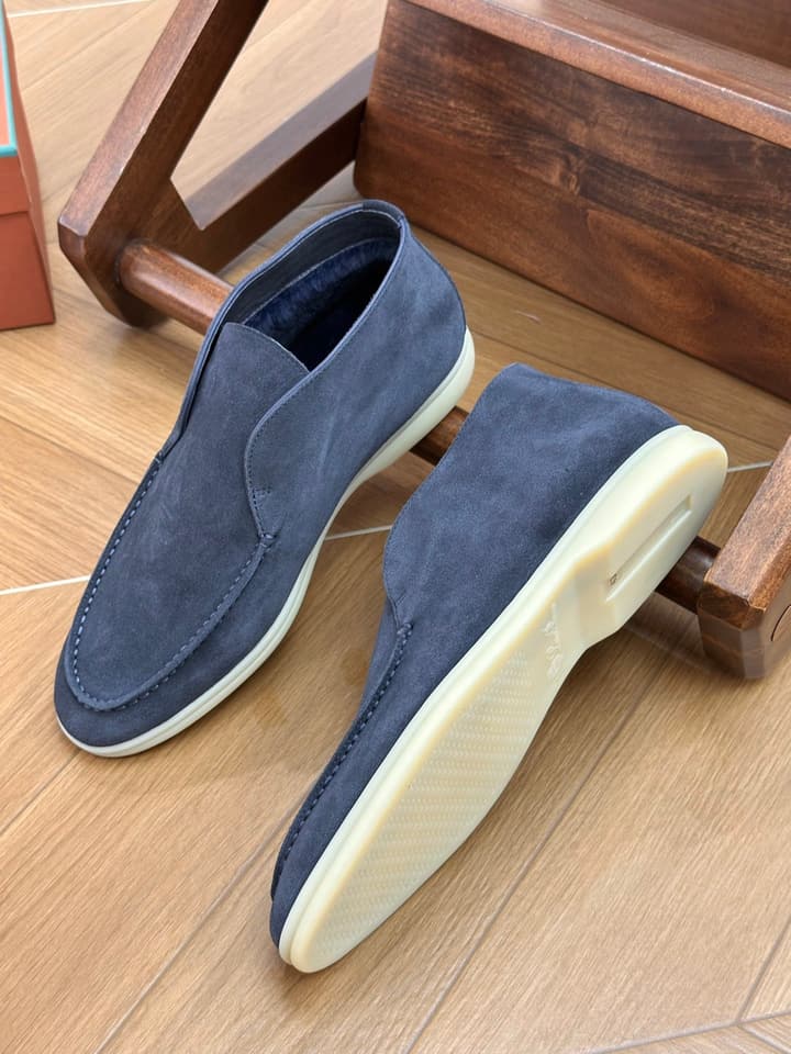 Loro Piana Men's Luxury Fur Boots in Navy Suede
