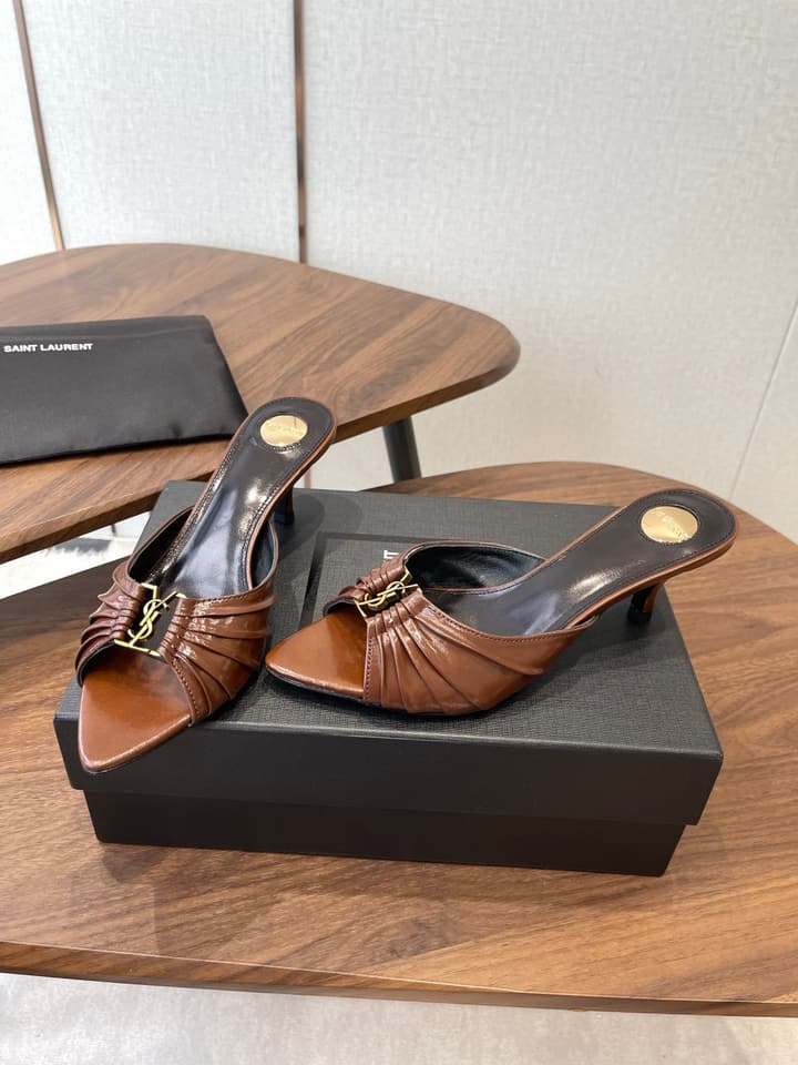 Saint Laurent Pointed Toe Stiletto Heeled Sandals – 26SS in Black - Gold Logo Plaque