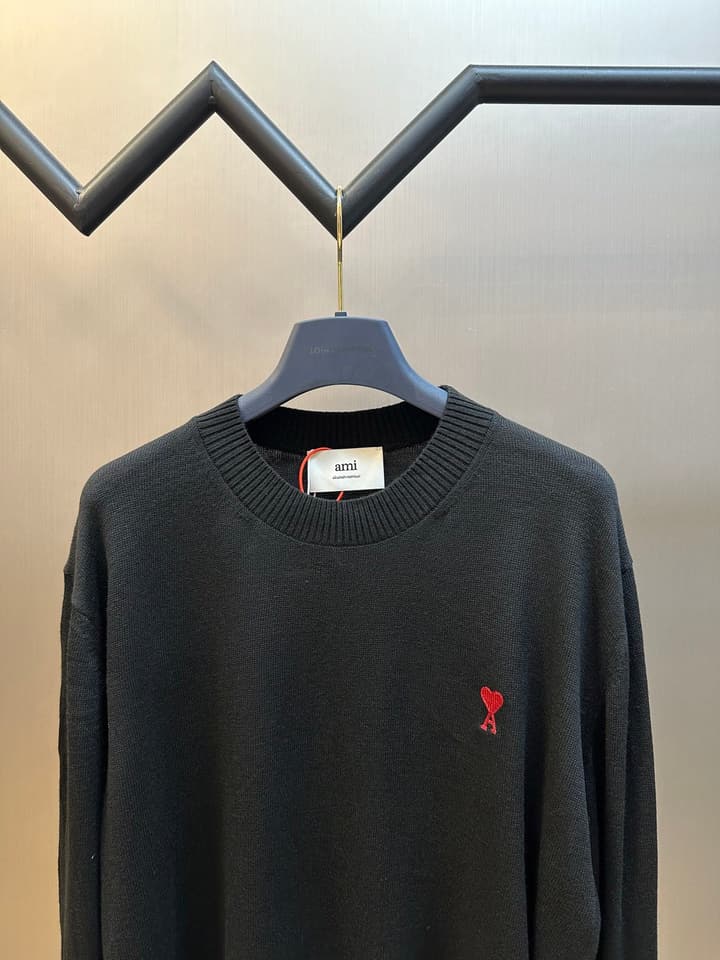 AMI Paris Heart Embroidery Merino Sweater in Classic Black