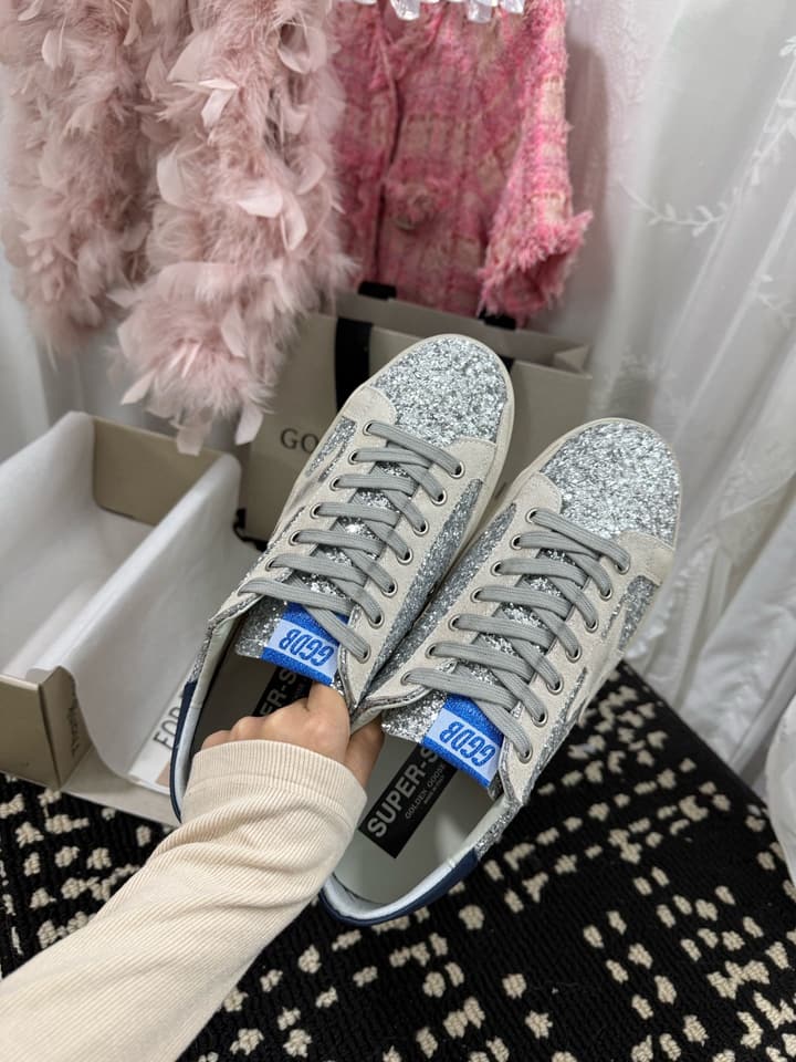 Golden Goose Super Star Rhinestone Leather Sneakers in Grey Suede Black Leather White Star