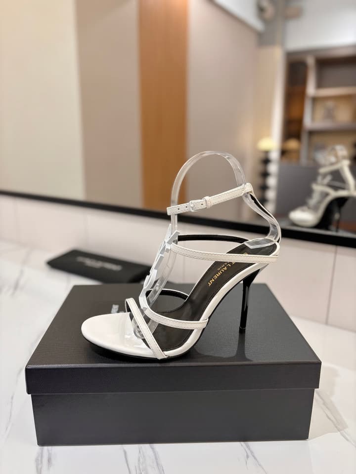 Saint Laurent YSL Logo Mirror Leather Heeled Sandals in Black With Black Logo