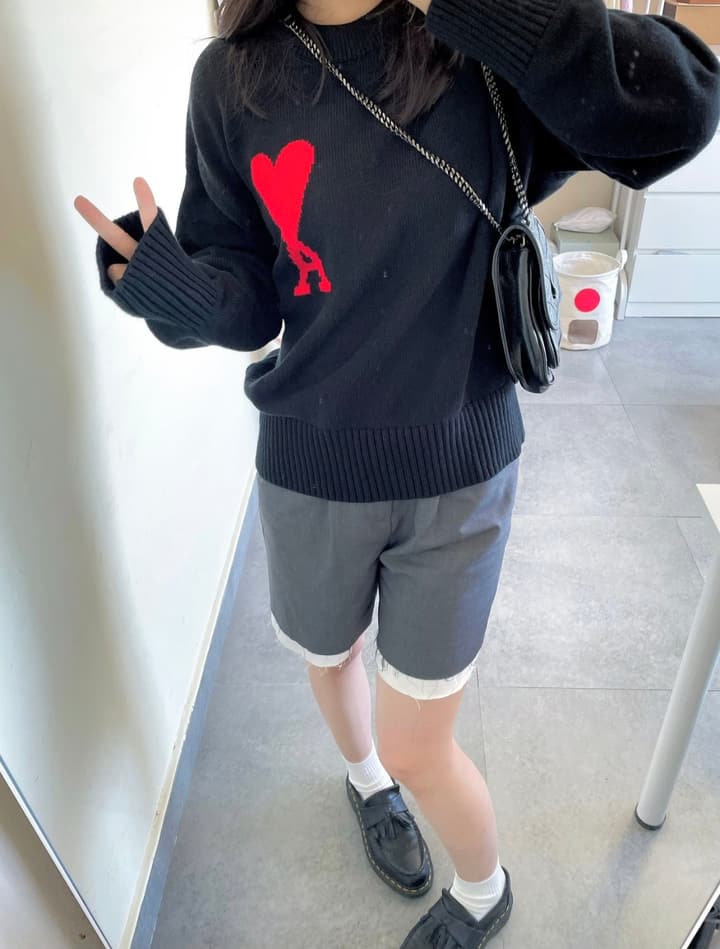 AMI Paris Heart Letter Knitted Sweater in Black With Red Heart